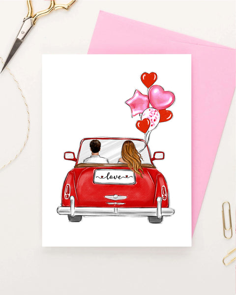 Valentines day greeting card fashion illustration of couple in car