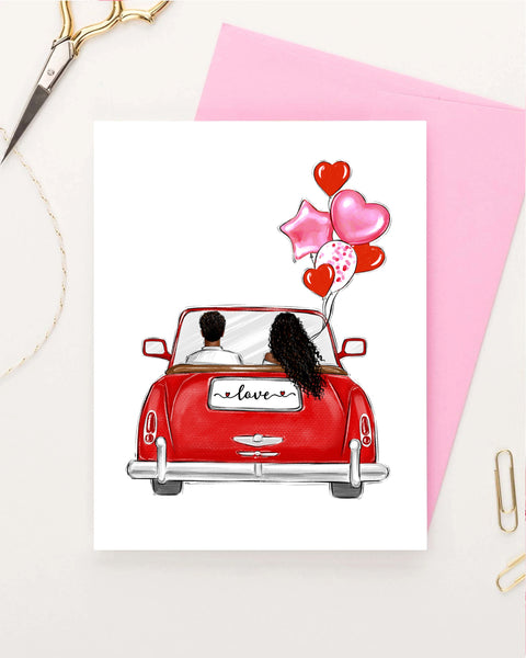 Valentines day greeting card fashion illustration of couple in car