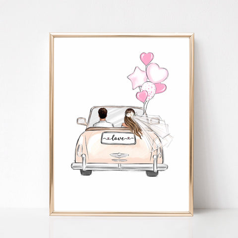 Personalized bride and groom in car illustration. Wedding art print