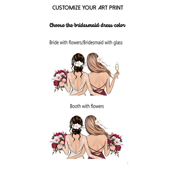 Personalized illustration of bride and bridesmaid with red bouquet.