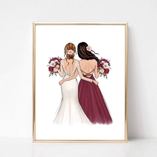 Personalized illustration of bride and bridesmaid with red bouquet.