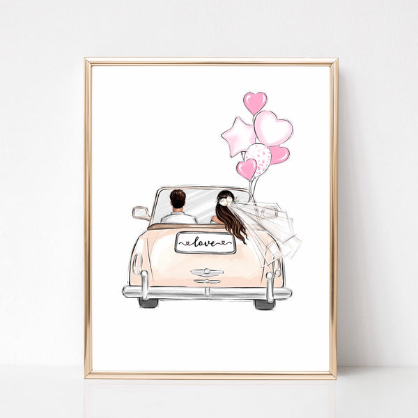 Personalized bride and groom in car illustration. Wedding art print