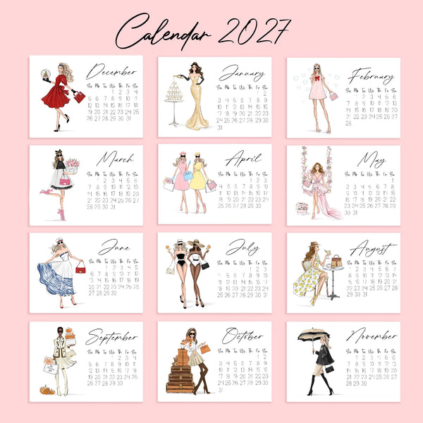 2027 Desk Calendar - Fashion Illustration Mini Calendar (FC-4)
