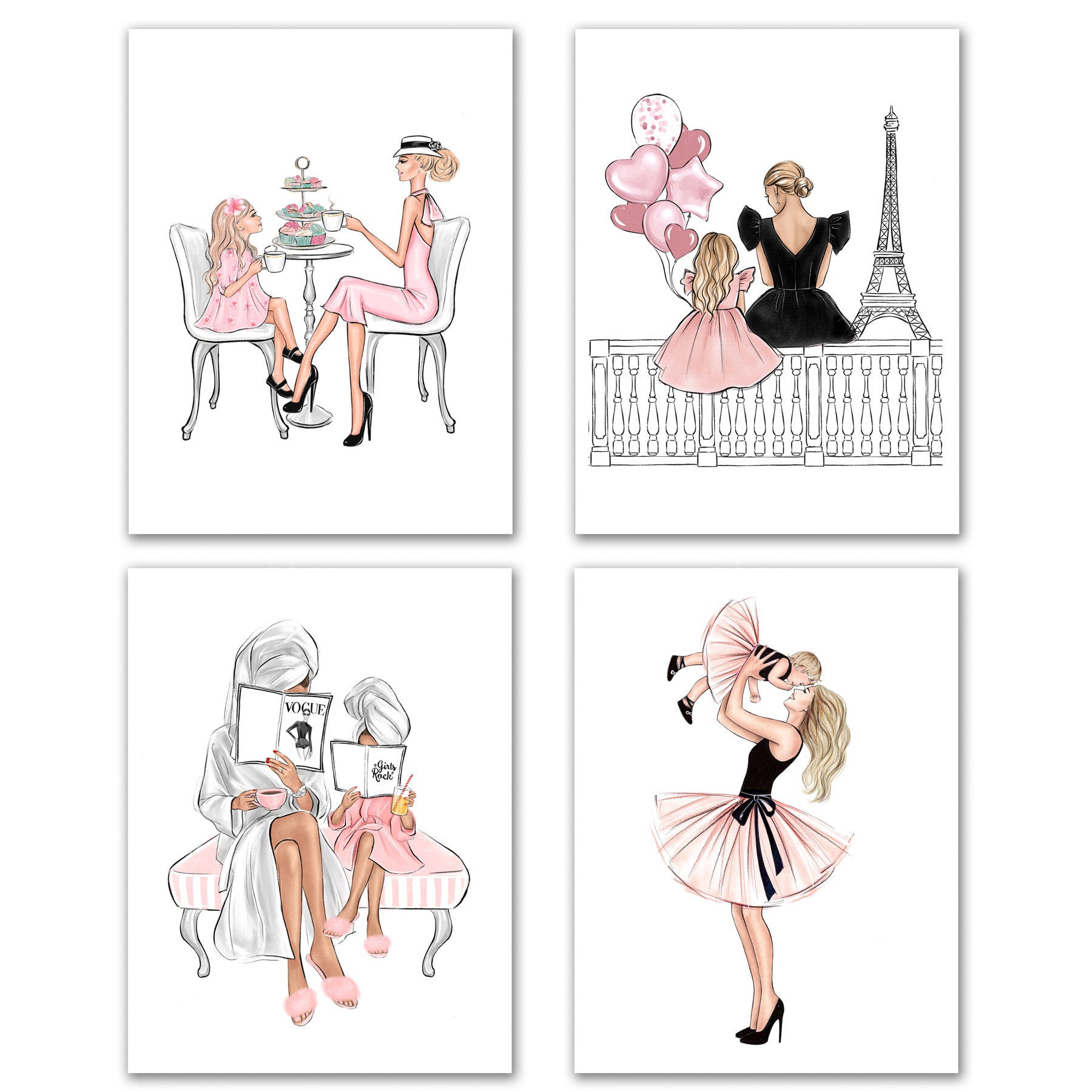 SET OF 4 ART PRINTS mother and daughter theme fashion illustrations in blush pink tones