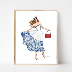 Marine dress girl summer art print fashion illustration