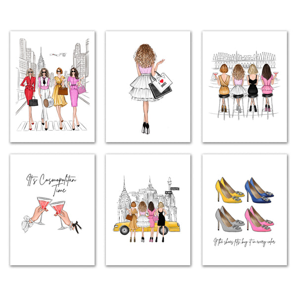 SET OF 6 ART PRINTS SATC Girls in New York fashion illustrations