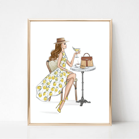 Classy girl in lemon dress summer art print fashion illustration