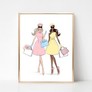 Classy girls in pastel color dresses spring art print fashion illustration