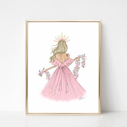 Virgo Zodiac Sign Girl in pink dress Zodiac inspired fashion illustration art print