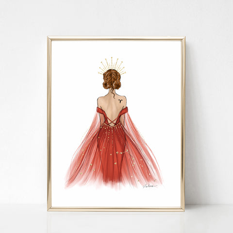 Aries Sign Girl in red dress Zodiac inspired fashion illustration art print