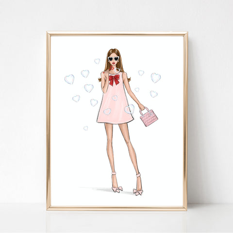 Girl with heart bubbles art print fashion illustration