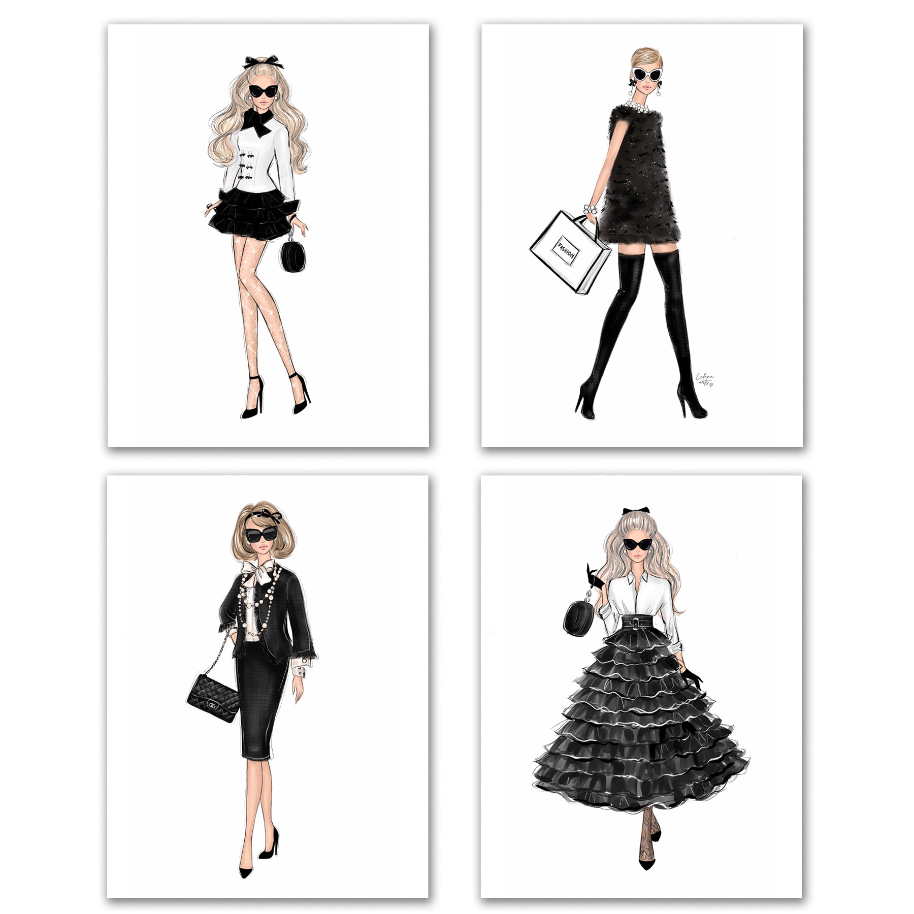 SET OF 4 ART PRINTS girly fashion illustrations in black and white tones