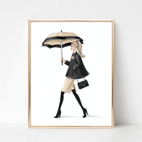 Fashion sketch print in black and white tones of girl with umbrella