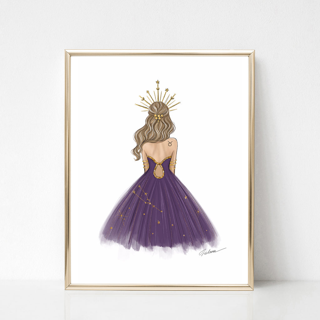 fashion zodiac signs dresses Taurus Zodiac Sign Girl in purple dress Zodiac inspired fashion illust Lalana Arts
