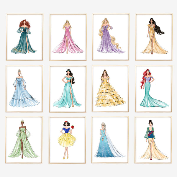 SET OF 12 ART PRINTS All Princesses fashion illustrations