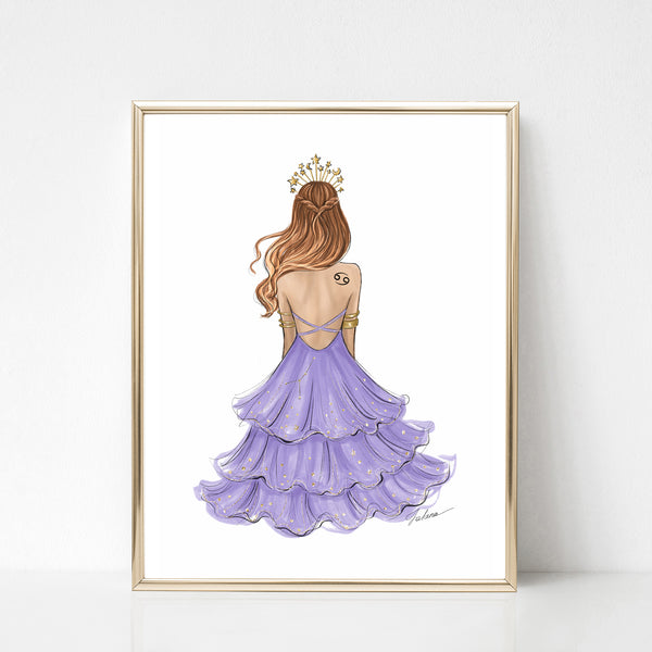 Cancer Zodiac Sign Girl in purple dress Zodiac inspired fashion illustration art print
