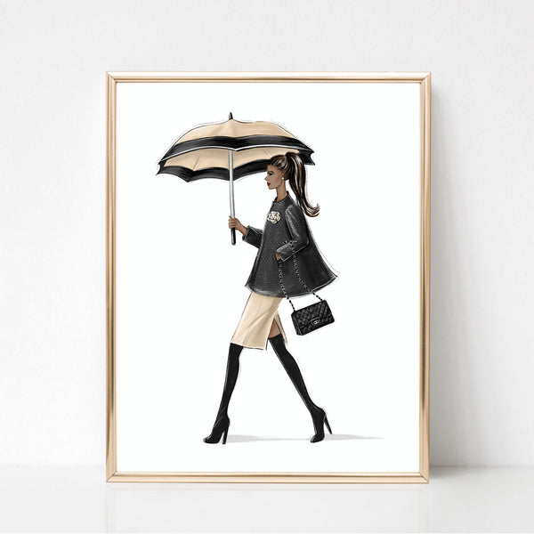Fashion sketch print in black and white tones of girl with umbrella