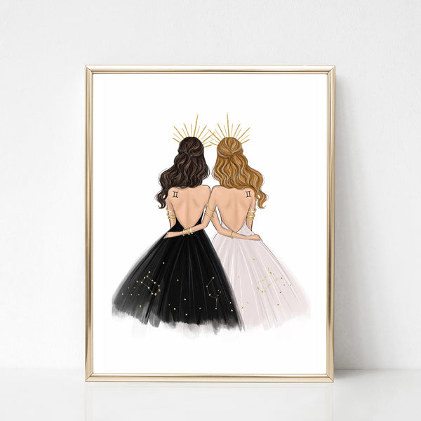 Gemini Sign Girls in black and white dresses Zodiac inspired fashion illustration art print
