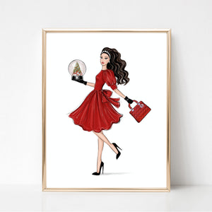 Girl in red dress with snow globe art print fashion illustration – Lalana Arts
