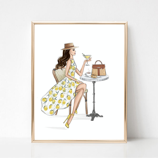 Classy girl in lemon dress summer art print fashion illustration