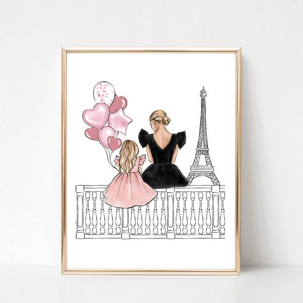 SET OF 4 ART PRINTS mother and daughter theme fashion illustrations in blush pink tones