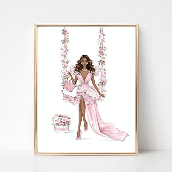 Romantic girl on floral swing art print fashion illustration