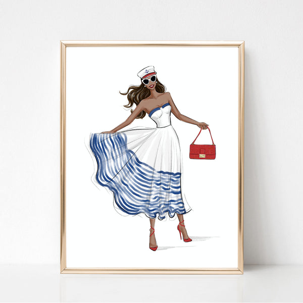 Marine dress girl summer art print fashion illustration