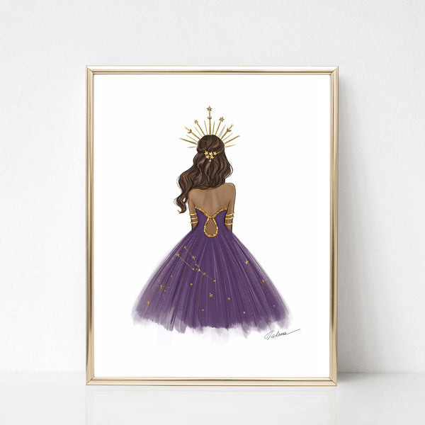 Taurus Zodiac Sign Girl in purple dress Zodiac inspired fashion illustration art print