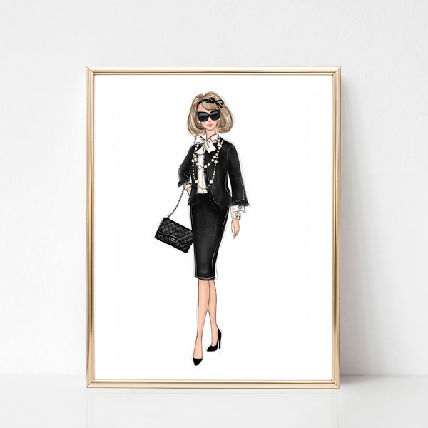 SET OF 4 ART PRINTS girly fashion illustrations in black and white tones