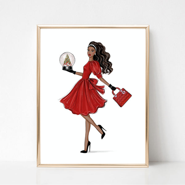 Girl in red dress with snow globe art print fashion illustration