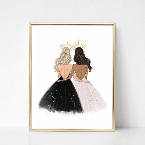 Gemini Sign Girls in black and white dresses Zodiac inspired fashion illustration art print
