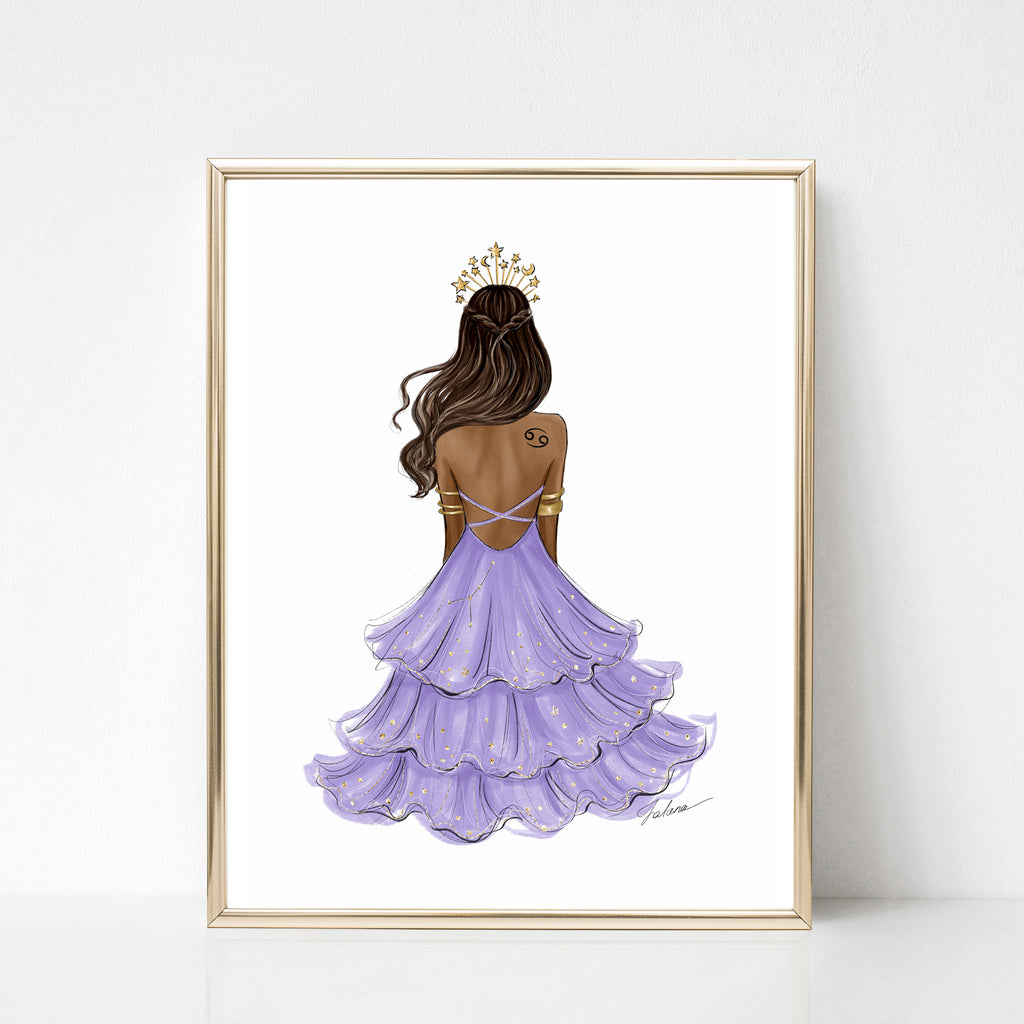 Cancer Zodiac Sign Girl in purple dress Zodiac inspired fashion illust Lalana Arts Cancer Zodiac Sign Girl in purple dress Zodiac inspired fashion illust Lalana Arts