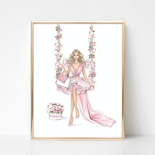 Romantic girl on floral swing art print fashion illustration