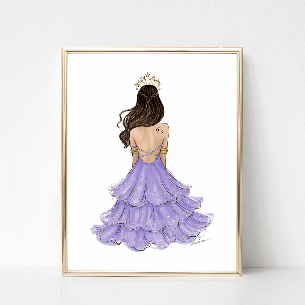 Cancer Zodiac Sign Girl in purple dress Zodiac inspired fashion illust Lalana Arts Cancer Zodiac Sign Girl in purple dress Zodiac inspired fashion illust Lalana Arts