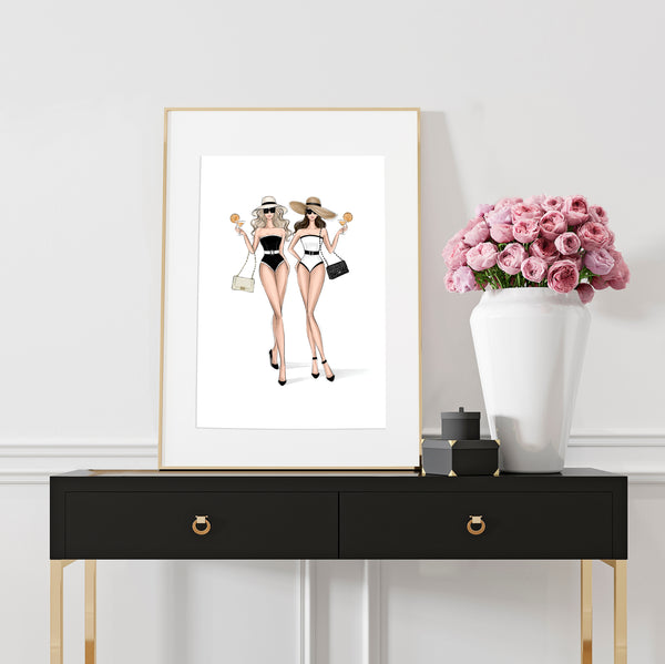Classy girls in black and white bikini summer art print fashion illustration