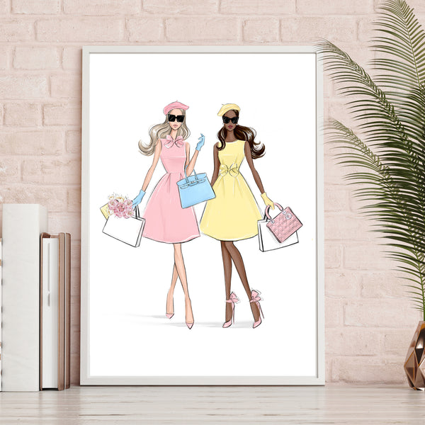 Classy girls in pastel color dresses spring art print fashion illustration