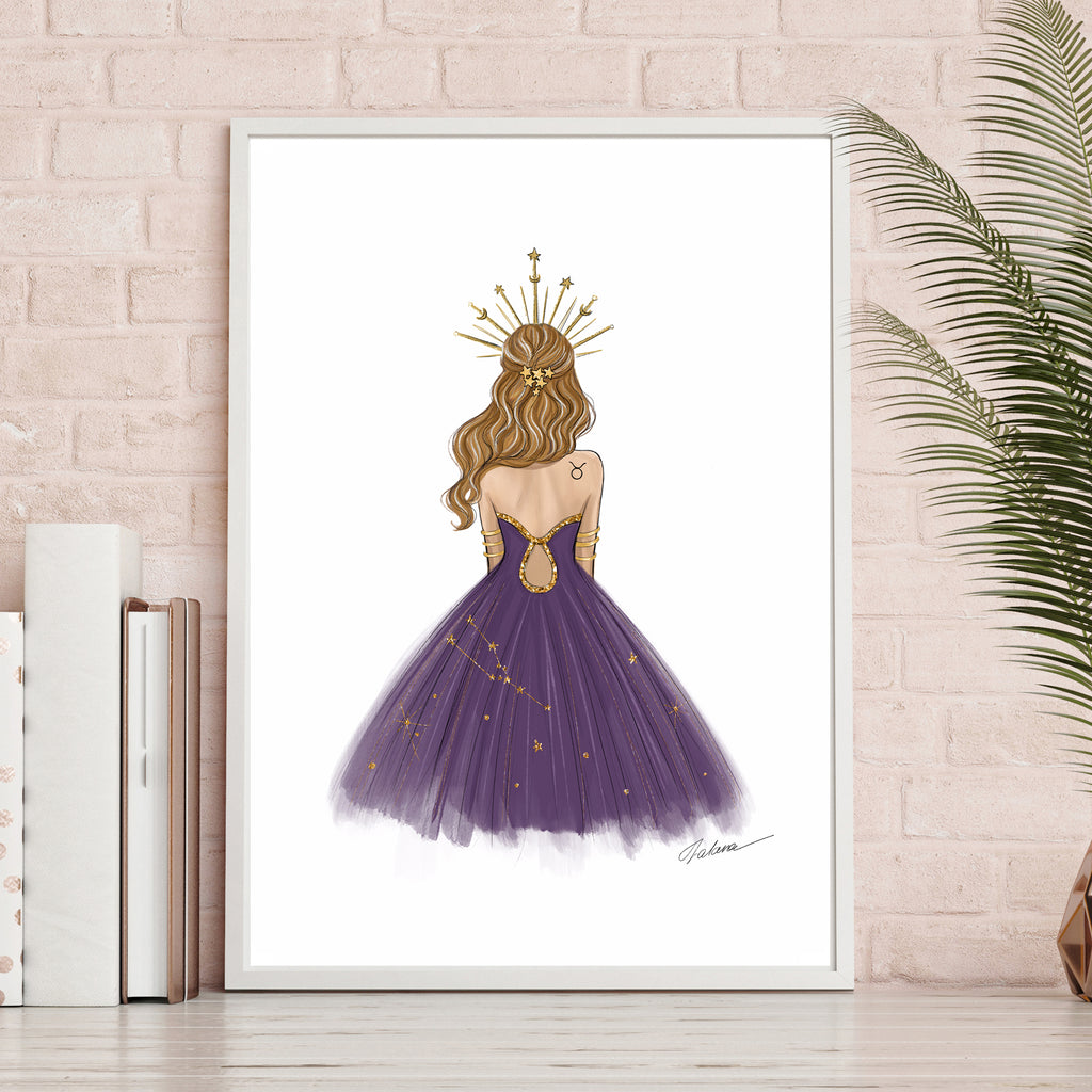Taurus Zodiac Sign Girl in purple dress Zodiac inspired fashion illust Lalana Arts Taurus Zodiac Sign Girl in purple dress Zodiac inspired fashion illust Lalana Arts