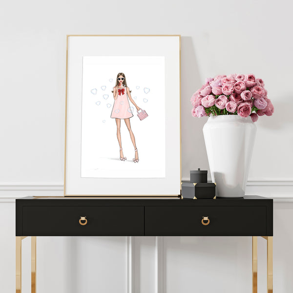 Girl with heart bubbles art print fashion illustration