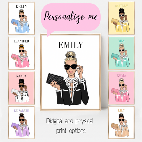 Custom girl fashion portrait for her, Personalized girly art print, Customizable fashion poster, Preppy room decor, Gift for fashion lover