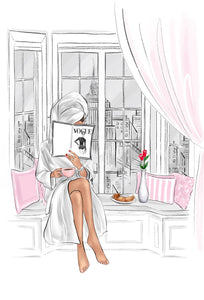 Morning coffee art print fashion illustration in pink tones