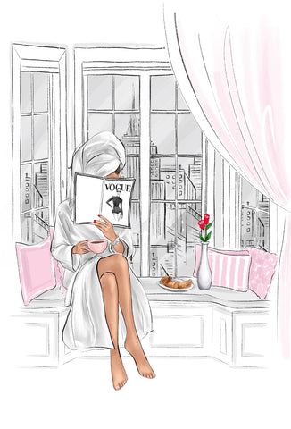 Morning coffee art print fashion illustration in pink tones