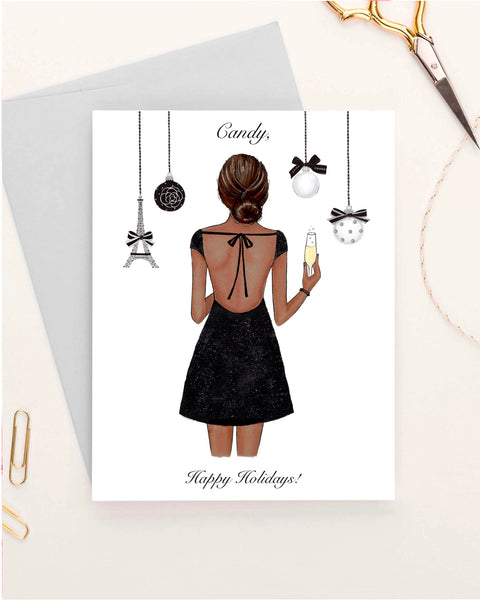 Girl with Christmas ornaments greeting card fashion illustration