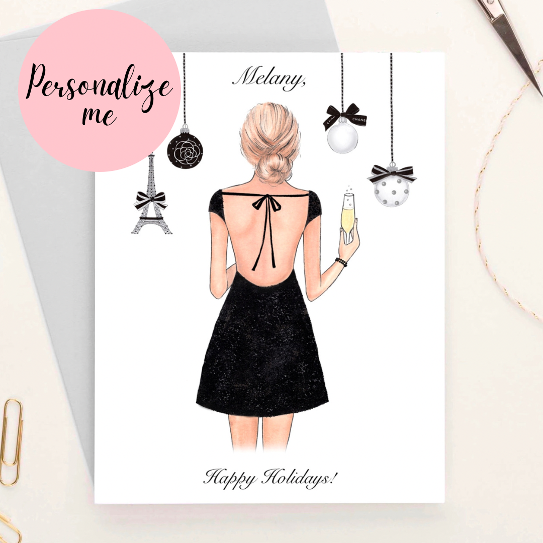 Girl with Christmas ornaments greeting card fashion illustration