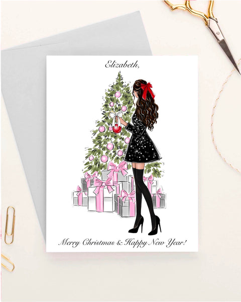 Personalized Christmas greeting card fashion illustration of the girl decorating Christmas tree