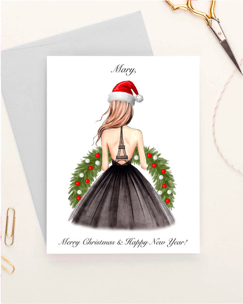 Personalized Christmas greeting card fashion illustration of the girl with Christmas wreath