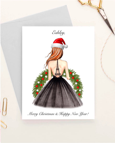 Personalized Christmas greeting card fashion illustration of the girl with Christmas wreath