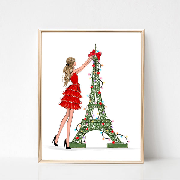 Eiffel tower green Christmas tree art print fashion illustration