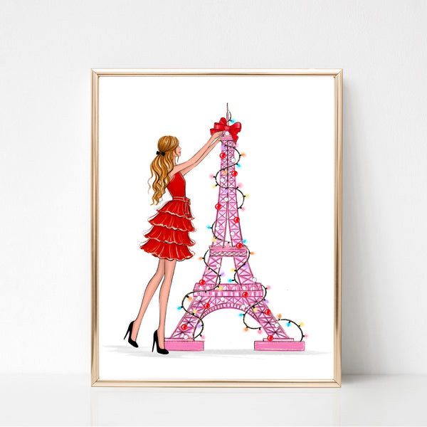 Eiffel tower pink Christmas tree art print fashion illustration