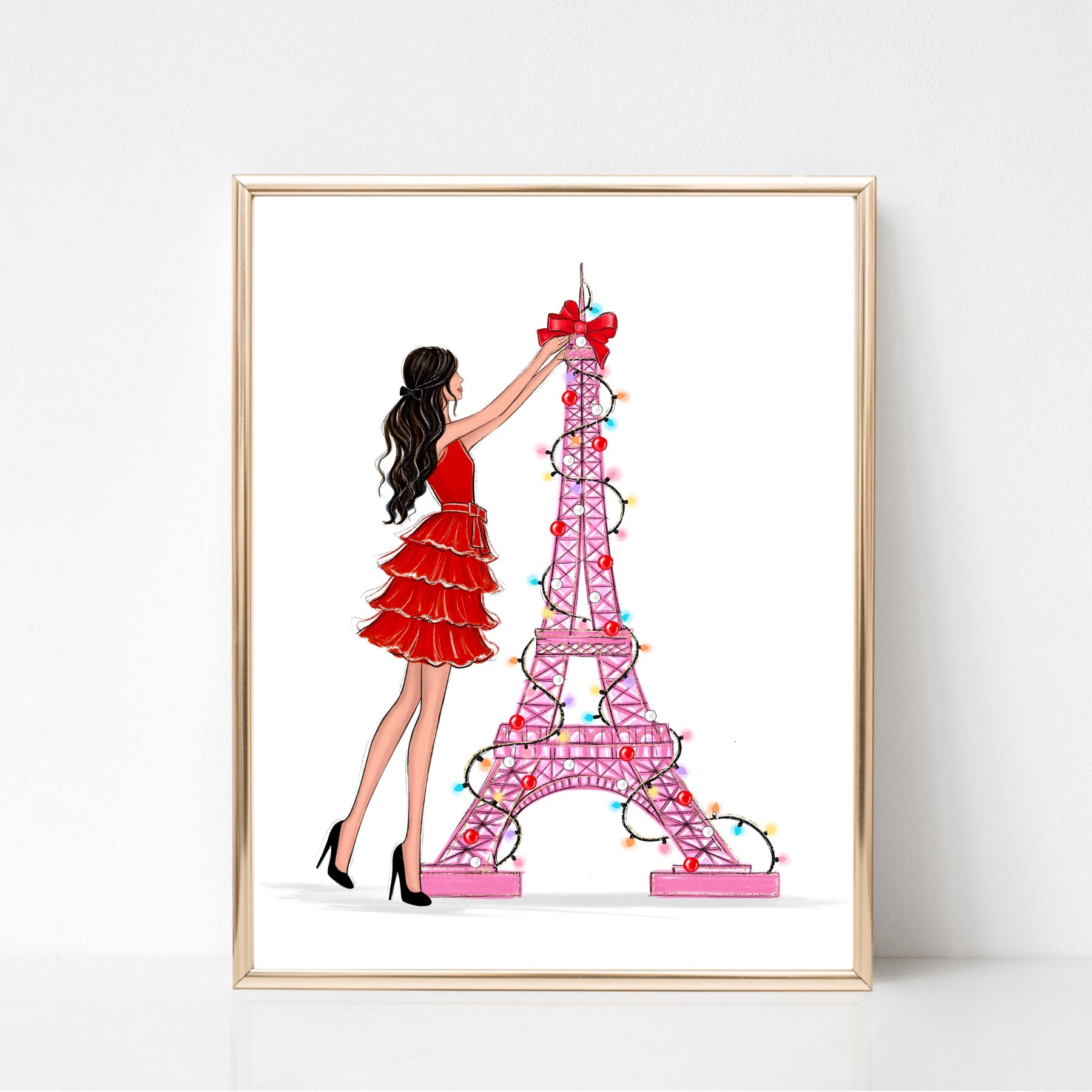 Eiffel tower pink Christmas tree art print fashion illustration