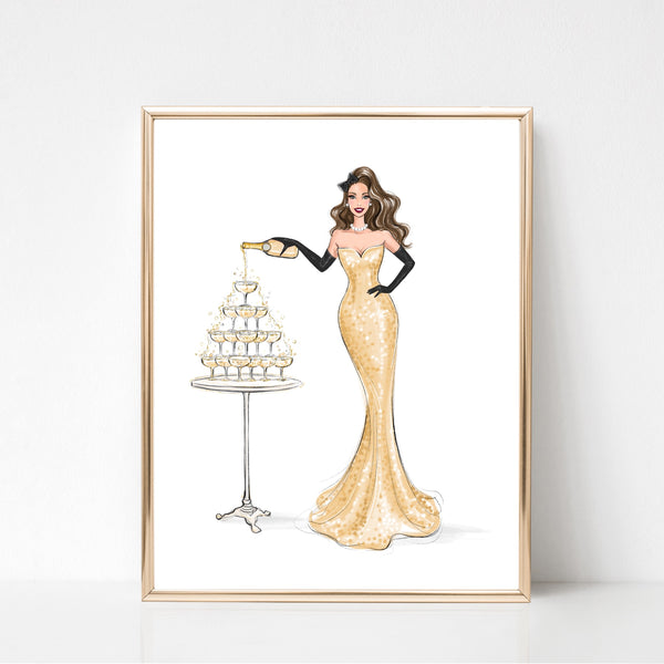 Glam girl with champagne pyramid art print fashion illustration